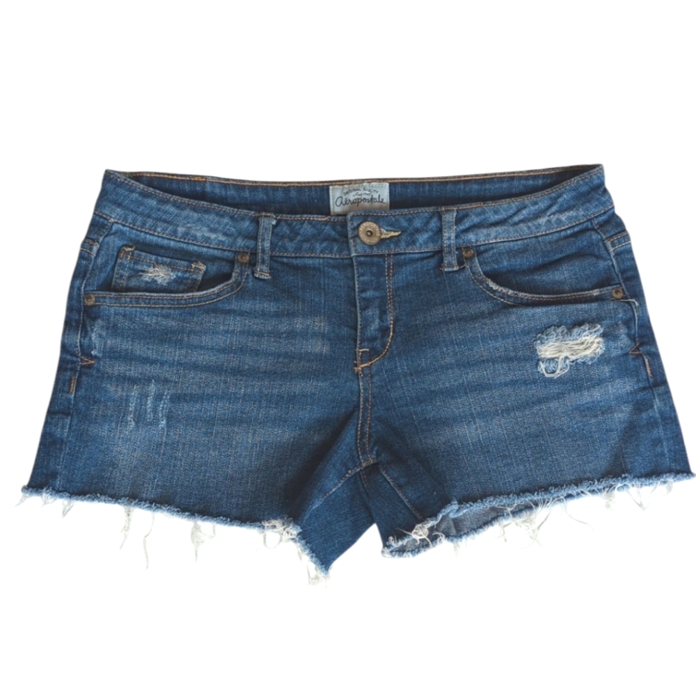 Aeropostale Distressed Ripped Frayed Cut Off Jean Shorts J 7/8 Blue Pockets